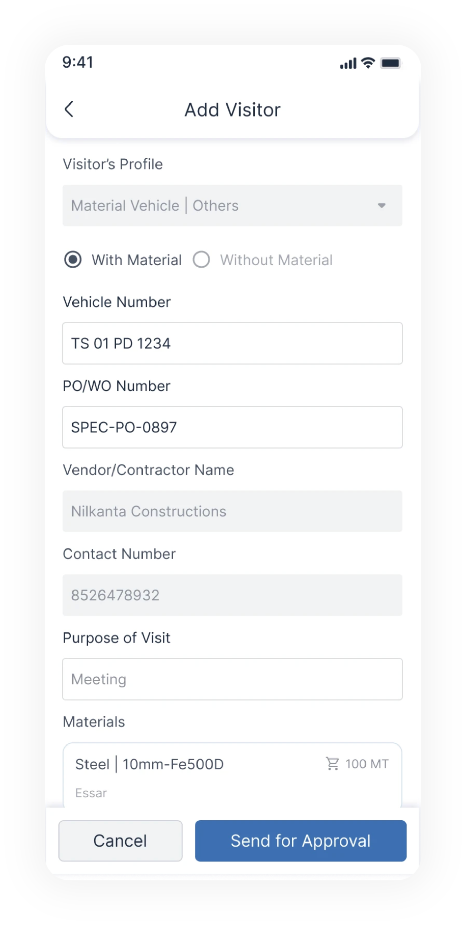 Add visitor - with material, PO/WO number